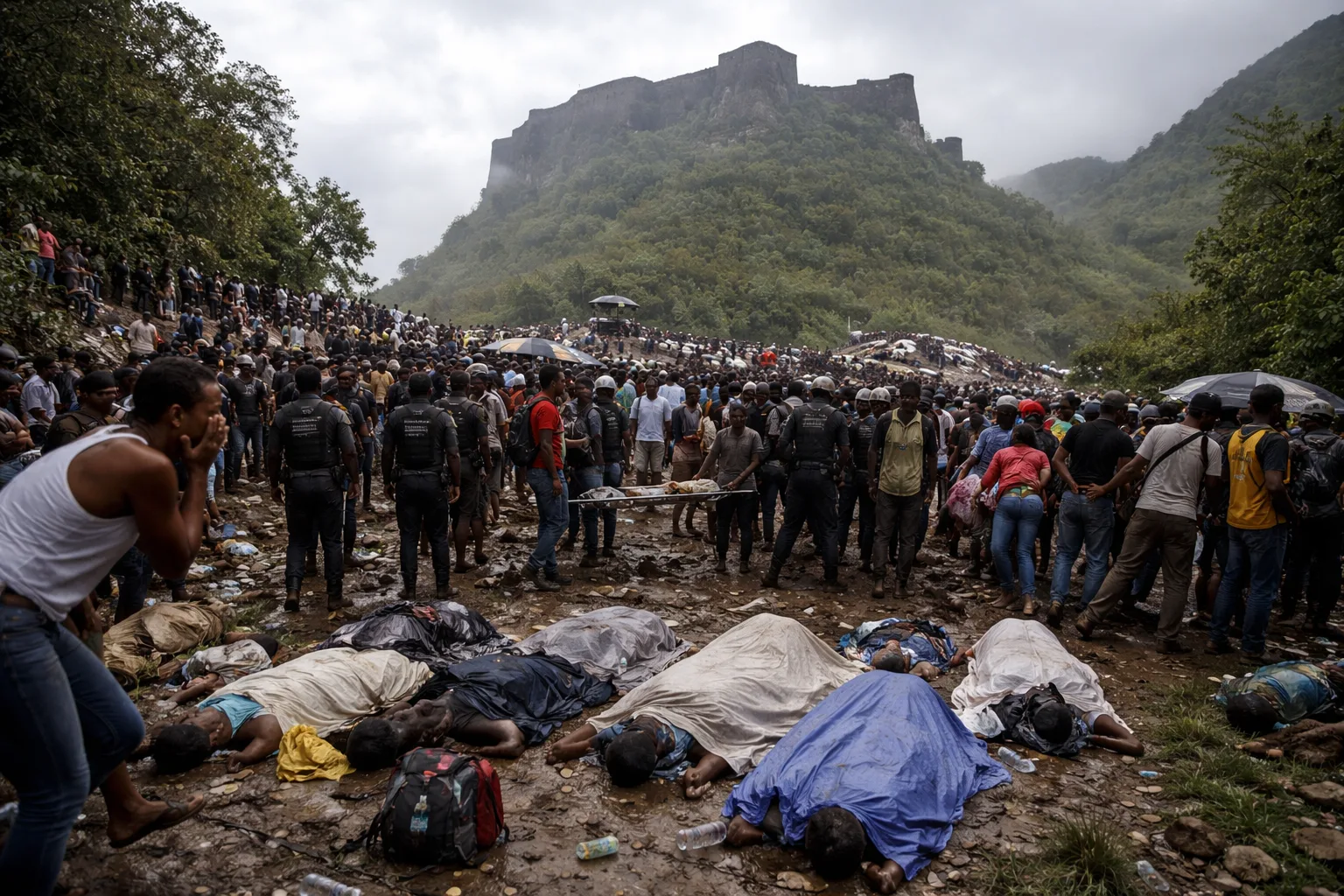 A wide view of the historic Citadelle Laferriere fortress perched on a mountaintop in northern Haiti.