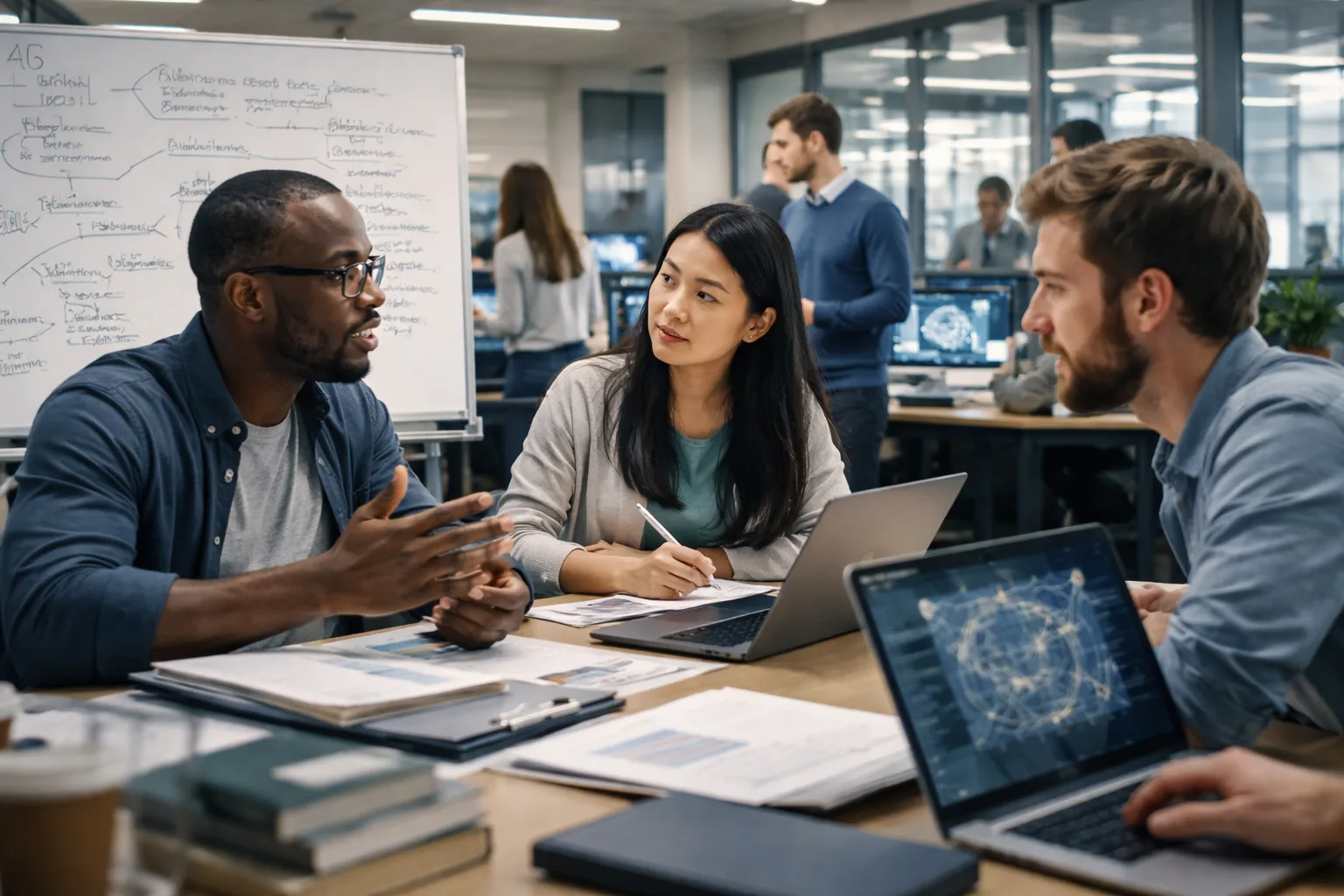 Abstract digital representation of artificial intelligence terms and neural networks