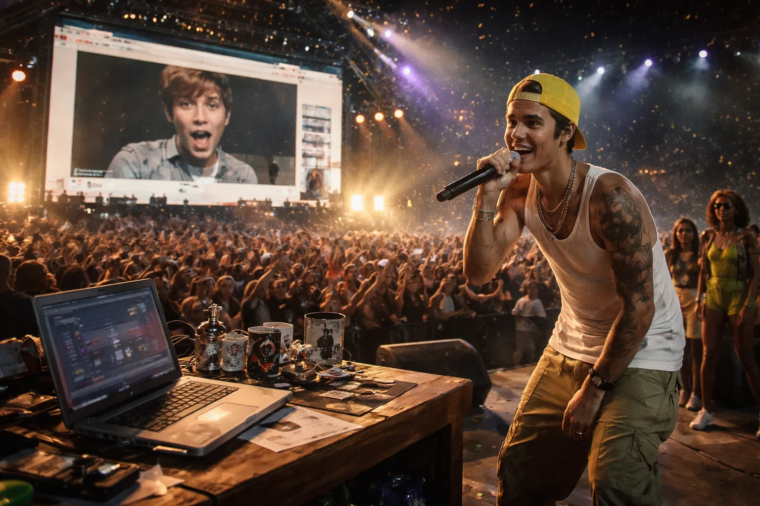 Justin Bieber performing on a minimalist stage at Coachella with a laptop and digital screens.