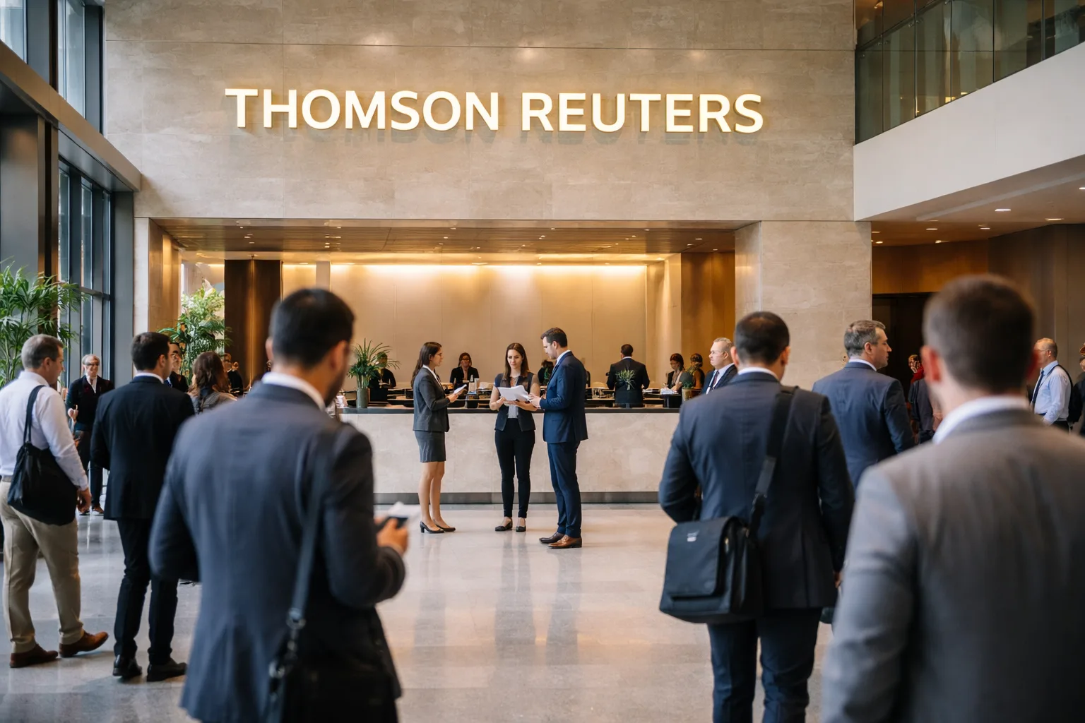 Thomson Reuters logo on a digital screen displaying financial growth charts.